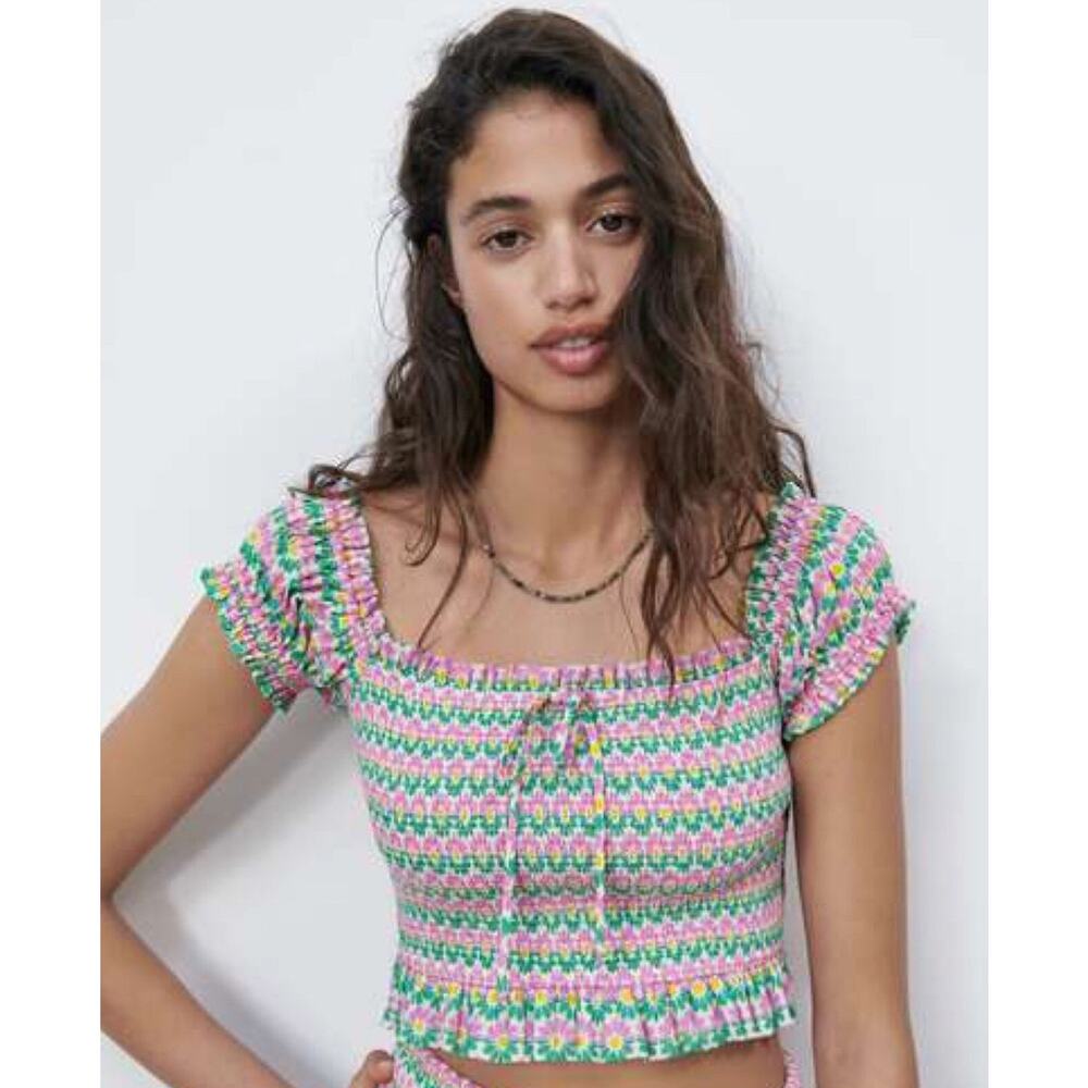ZARA Women’s Pink-Green Floral Smocked Ruffle Top – Size XL – Boho Floral Blouse
